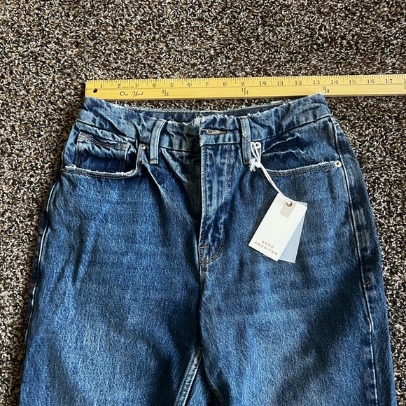 Good American Blue Straight Leg Jeans with Distressed Knees - Picture 2 of 8